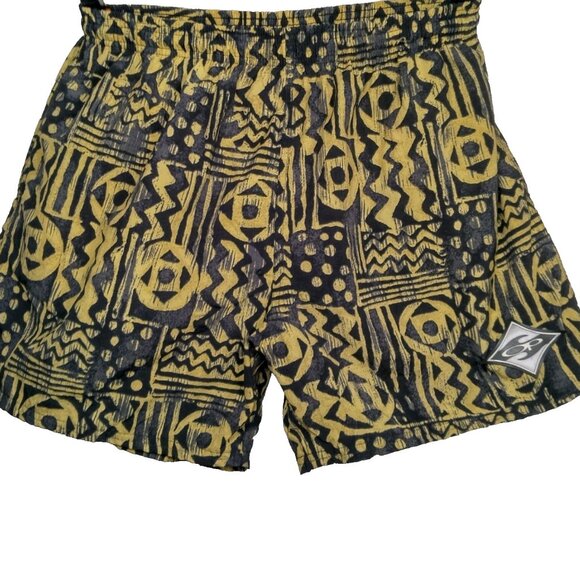 Vintage 1990s OP Ocean Pacific Swim Trunks Men L Yellow Black Geometric Nylon - Picture 1 of 16